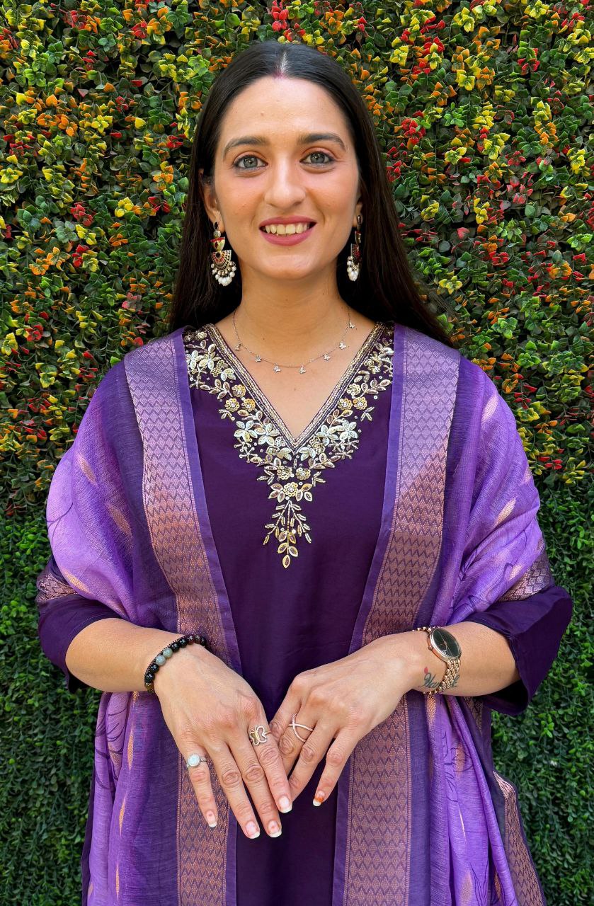 Lorenvalley Fashion Purple Roman Silk Hand Work Kurta Pant with Dupatta | Grocsy