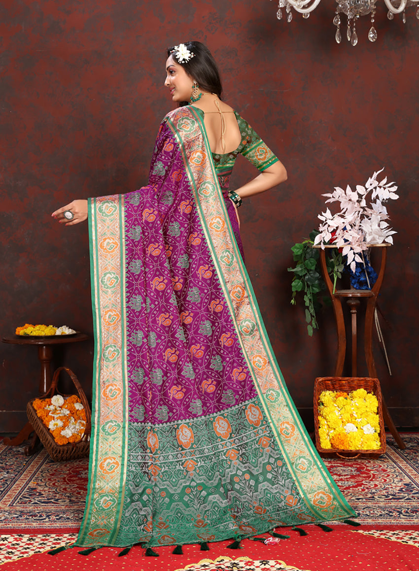 Lorenvalley Fashion Purple Patola Silk Woven Design with Zari Meenakari Weaving motifs Pallu Saree | Grocsy
