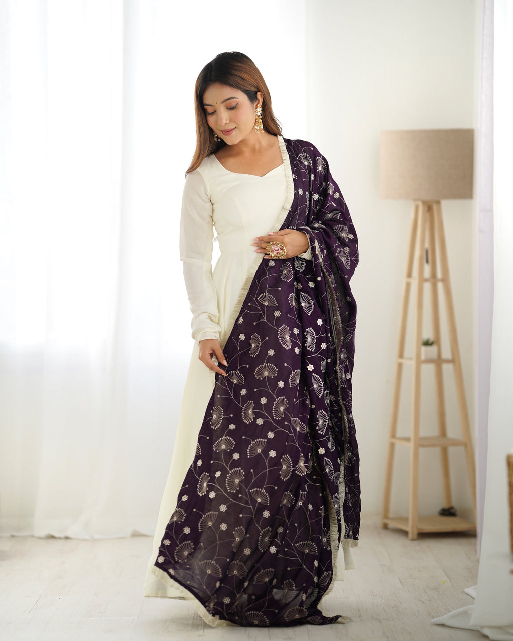 Lorenvalley White Vichitra Silk Fabric Fully Flared Anarkali Pant With Dupatta Set | Grocsy