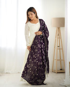 Lorenvalley White Vichitra Silk Fabric Fully Flared Anarkali Pant With Dupatta Set | Grocsy