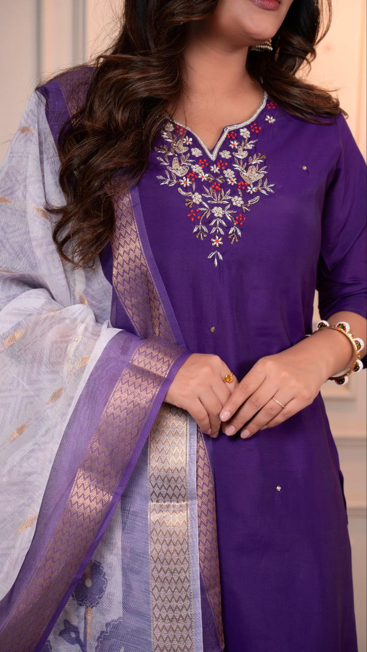 Lorenvalley Fashion Purple Roman Silk Hand Work Kurta Pant with Dupatta | Grocsy