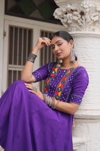 Lorenvalley Fashion Purple Roman Silk with Thread with mirror work & Maslin Crochet Print Work Gown | Grocsy