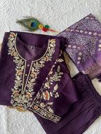 Lorenvalley Fashion Purple Roman Silk Embroidery Multi Work Kurta Pant with Dupatta | Grocsy