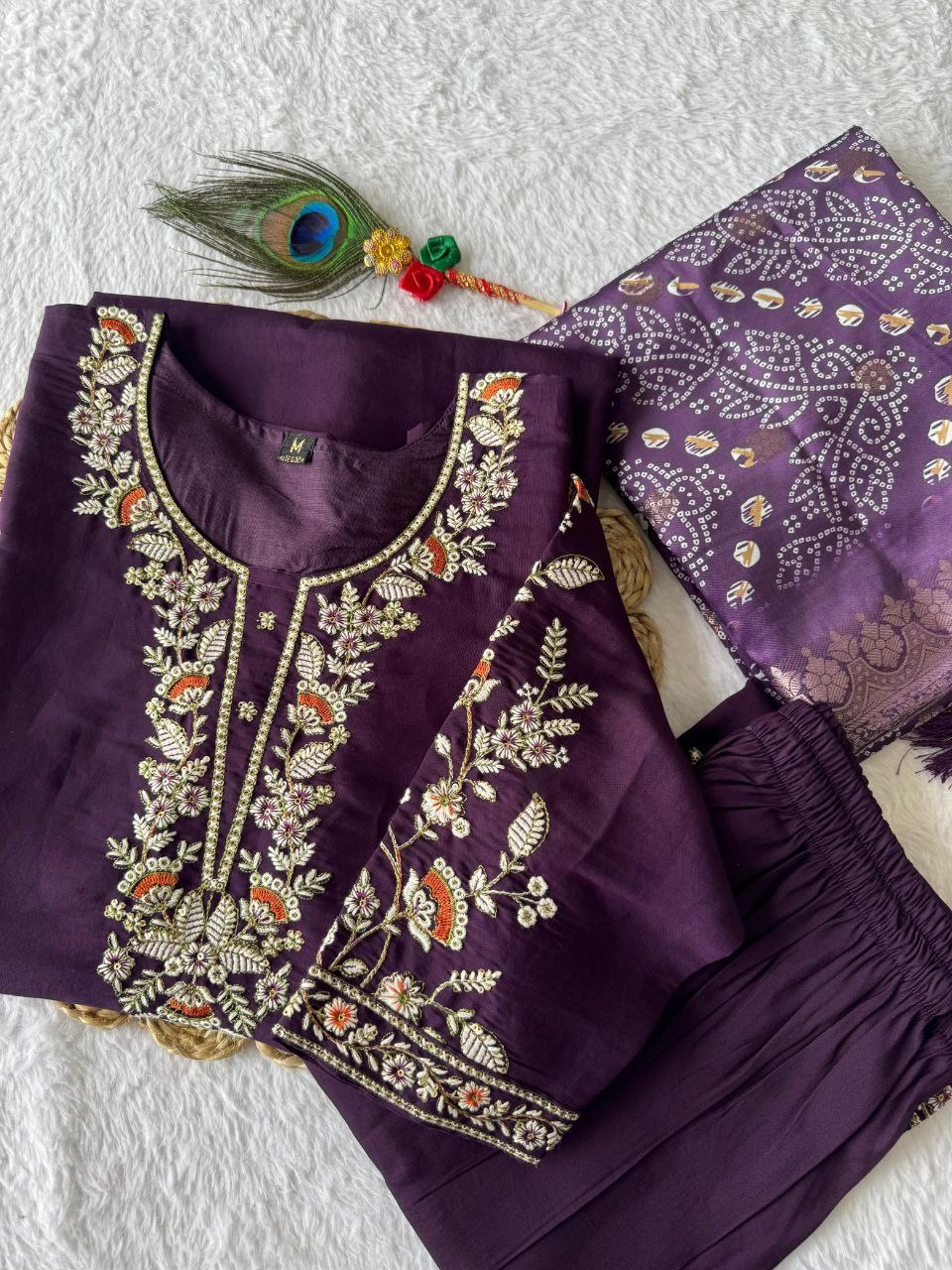 Lorenvalley Fashion Purple Roman Silk Embroidery Multi Work Kurta Pant with Dupatta | Grocsy