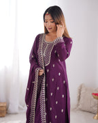 Lorenvalley Purple Chinon Silk Embroidery Sequence and Jari Work Kurta Trousers with Dupatta Set | Grocsy