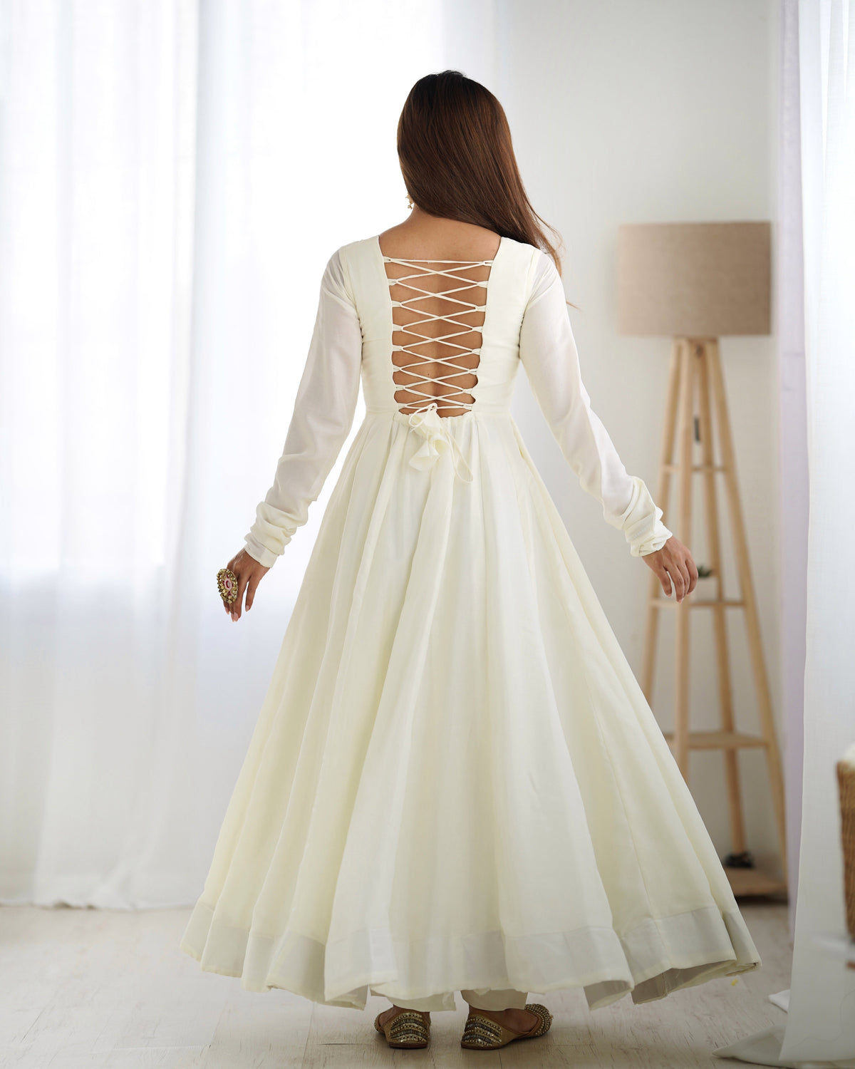 Lorenvalley White Vichitra Silk Fabric Fully Flared Anarkali Pant With Dupatta Set | Grocsy