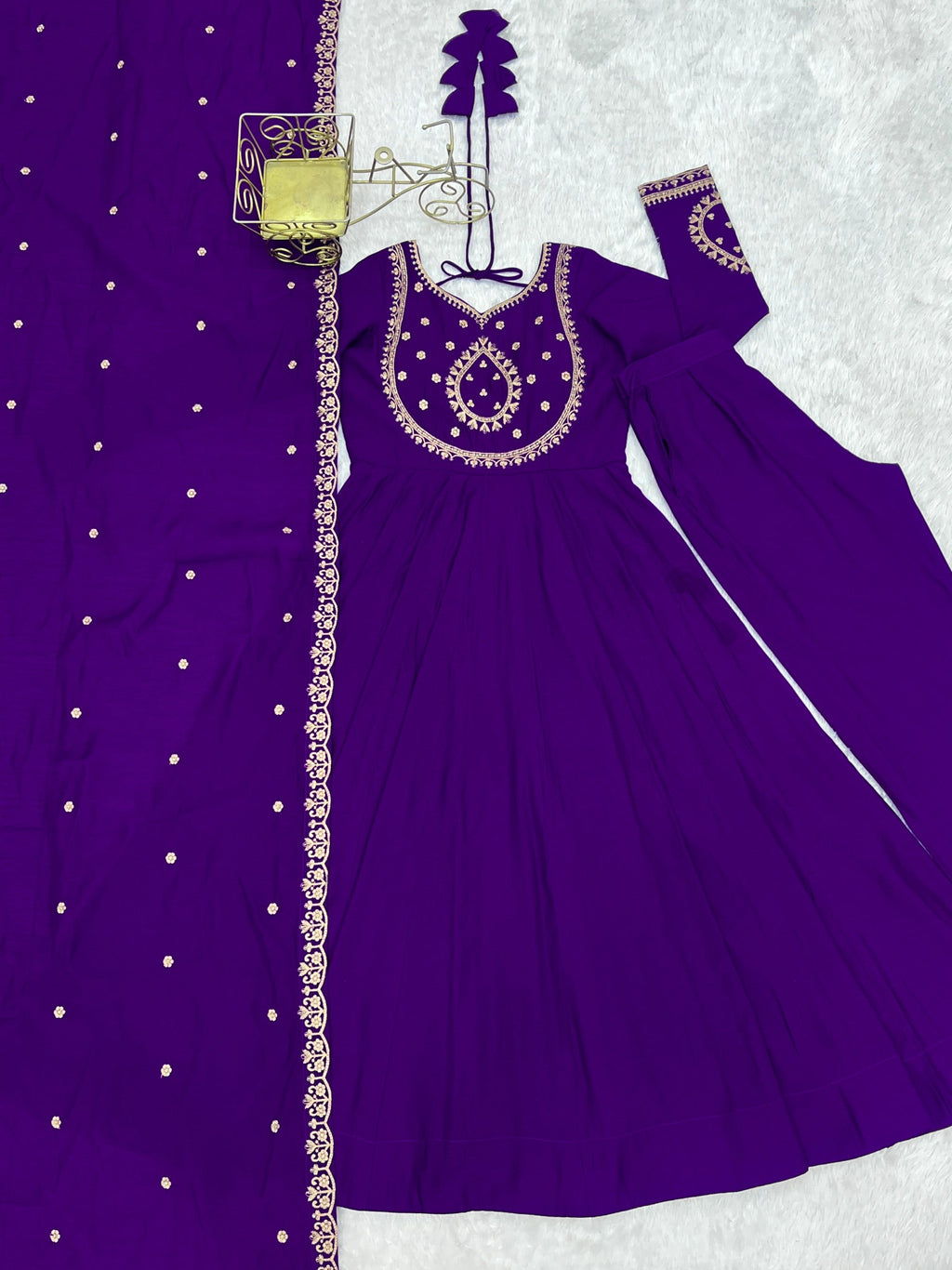 Lorenvalley Fashion Purple Roman Chanderi Silk Handwork Beads Work Anarkali Pant with Dupatta | Grocsy