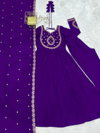 Lorenvalley Fashion Purple Roman Chanderi Silk Handwork Beads Work Anarkali Pant with Dupatta | Grocsy