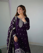 Lorenvalley Purple Rangoli Silk Embroidery Sequence and Jari Work Kurta Trousers with Dupatta Set | Grocsy
