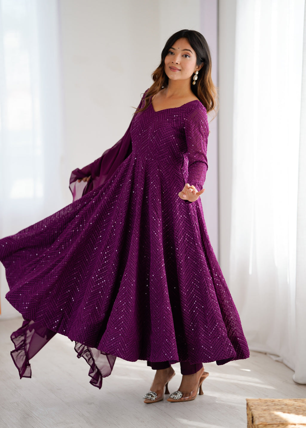 Lorenvalley Purple Faux Georgette Lukhnowi Sequence Work Anarkali Kurta Pant With Dupatta Set | Grocsy