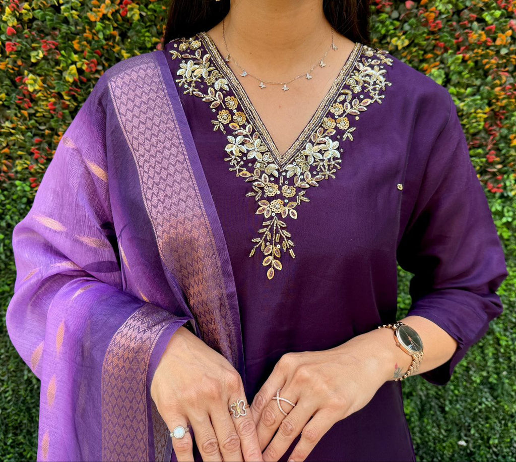 Lorenvalley Fashion Purple Roman Silk Hand Work Kurta Pant with Dupatta | Grocsy