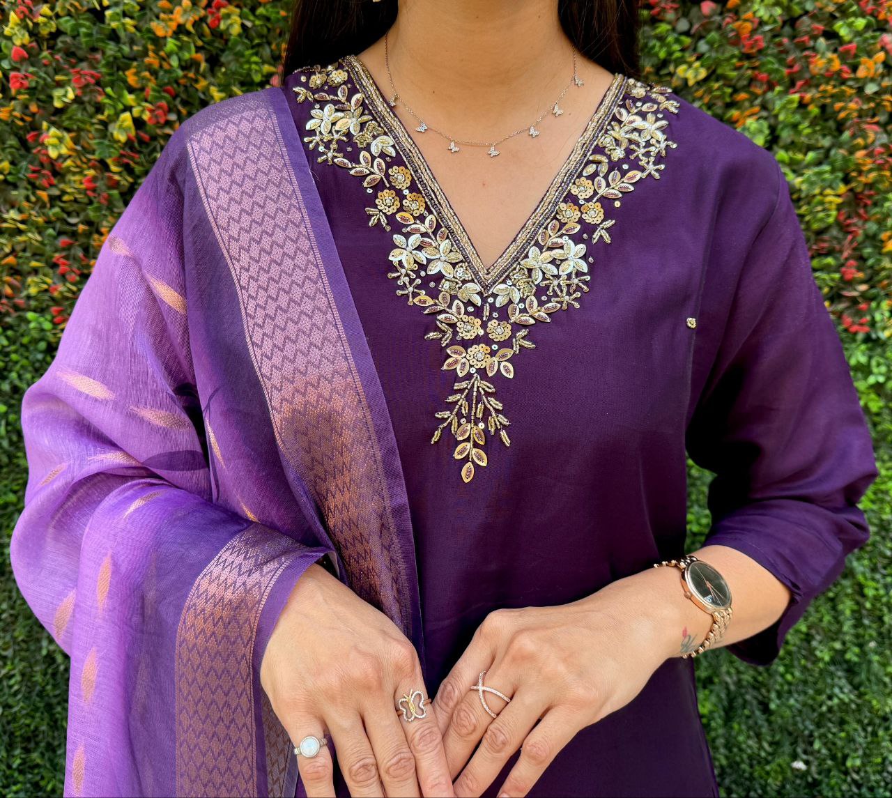 Lorenvalley Fashion Purple Roman Silk Hand Work Kurta Pant with Dupatta | Grocsy