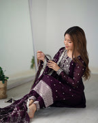 Lorenvalley Wine Rangoli Silk Embroidery Sequence And Thread Work Kurta Trousers with Dupatta Set | Grocsy