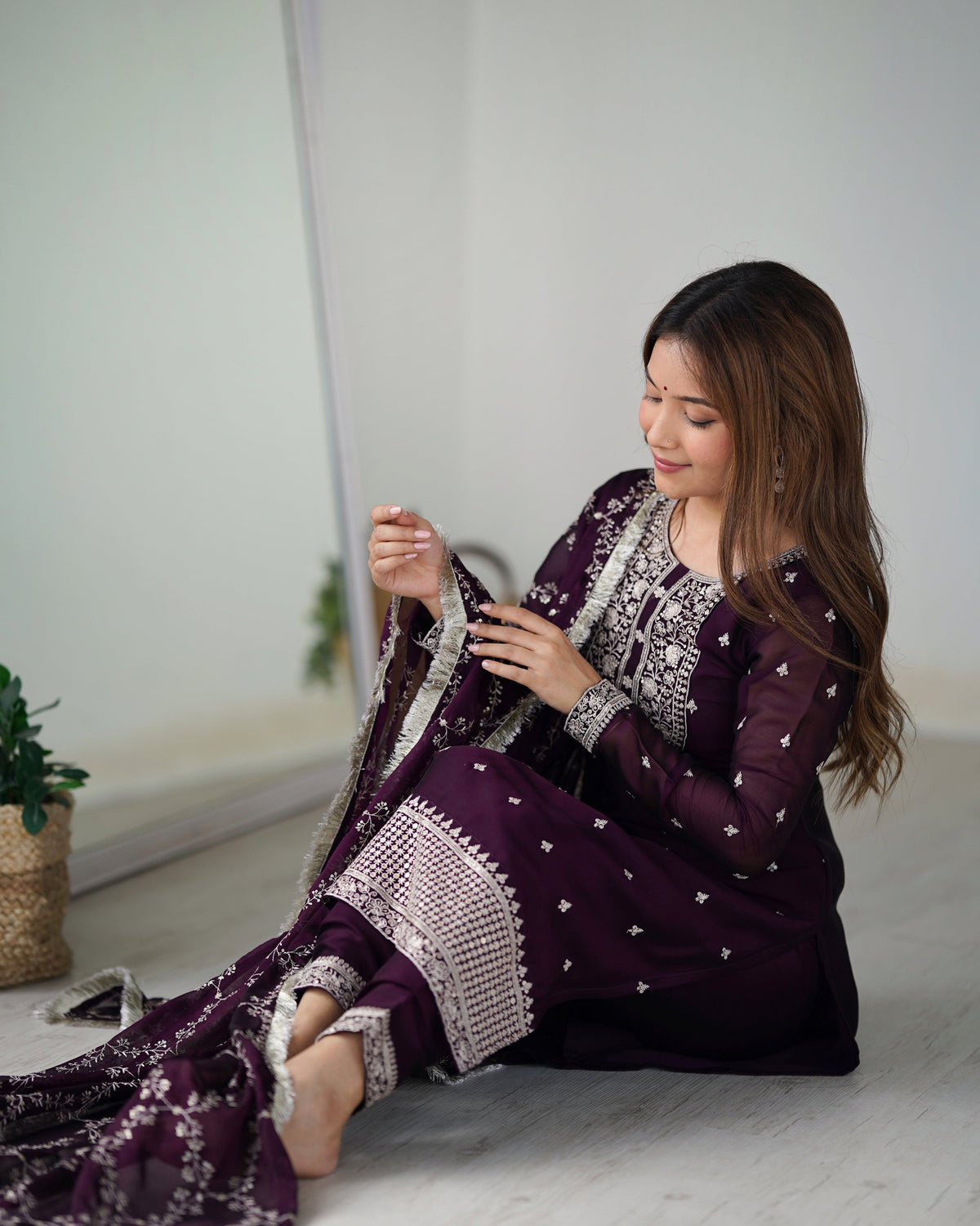 Lorenvalley Wine Rangoli Silk Embroidery Sequence And Thread Work Kurta Trousers with Dupatta Set | Grocsy