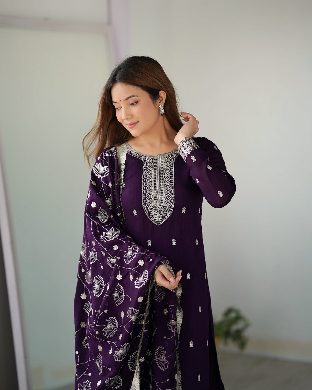 Lorenvalley Purple Rangoli Silk Embroidery Sequence and Jari Work Kurta Trousers with Dupatta Set | Grocsy