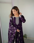 Lorenvalley Purple Rangoli Silk Embroidery Sequence and Jari Work Kurta Trousers with Dupatta Set | Grocsy