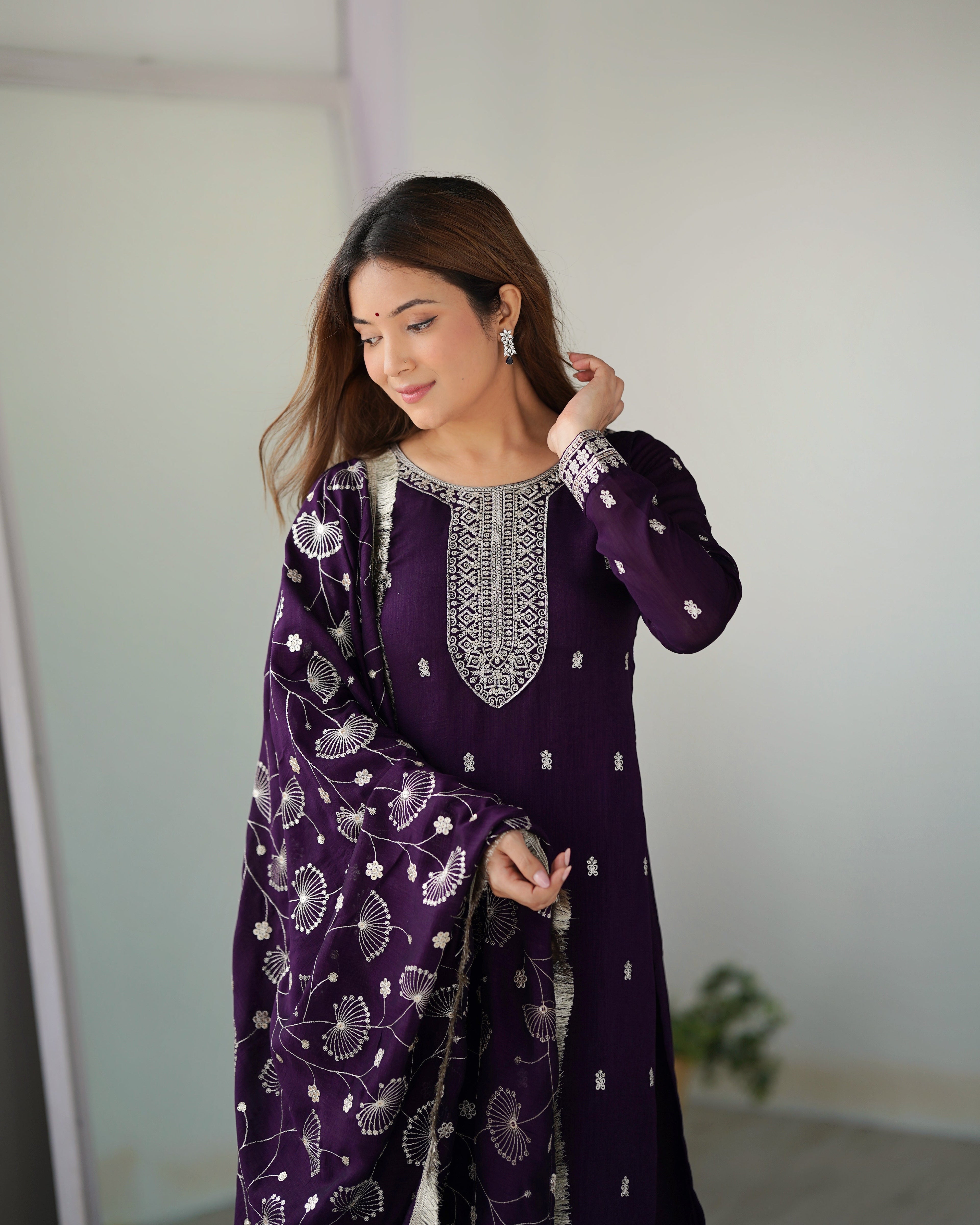 Lorenvalley Purple Rangoli Silk Embroidery Sequence and Jari Work Kurta Trousers with Dupatta Set | Grocsy