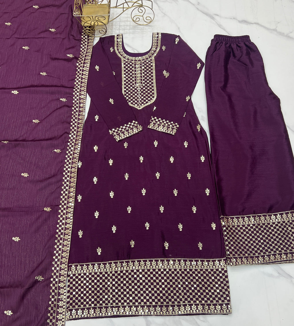 Lorenvalley Purple Chinon Silk Embroidery Sequence and Jari Work Kurta Trousers with Dupatta Set | Grocsy