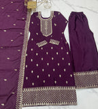 Lorenvalley Purple Chinon Silk Embroidery Sequence and Jari Work Kurta Trousers with Dupatta Set | Grocsy