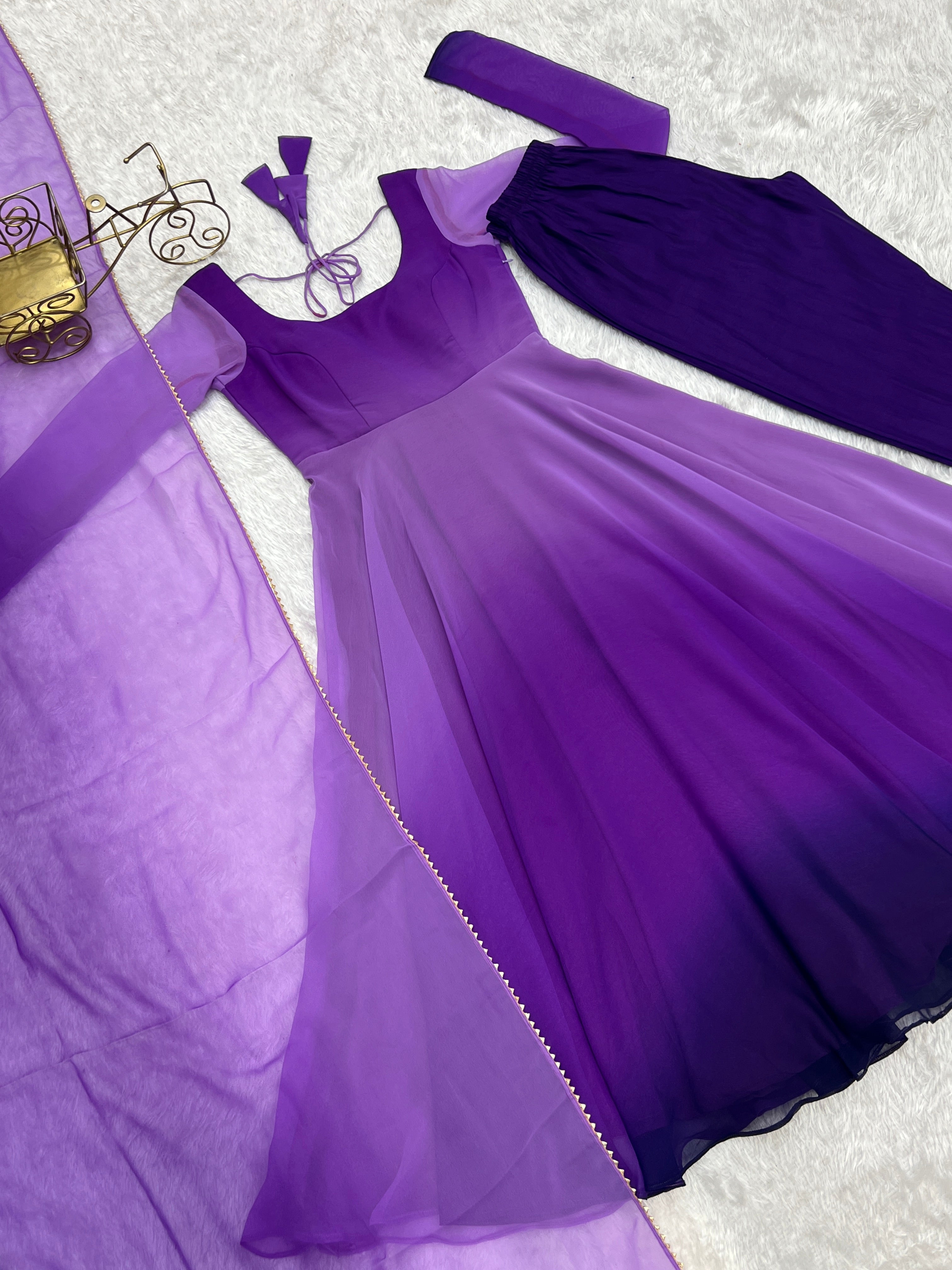 Lorenvalley Women Pure Soft Faux Georgette Colourfull Padding Anarkali Kurta Pant With Dupatta Set | Grocsy