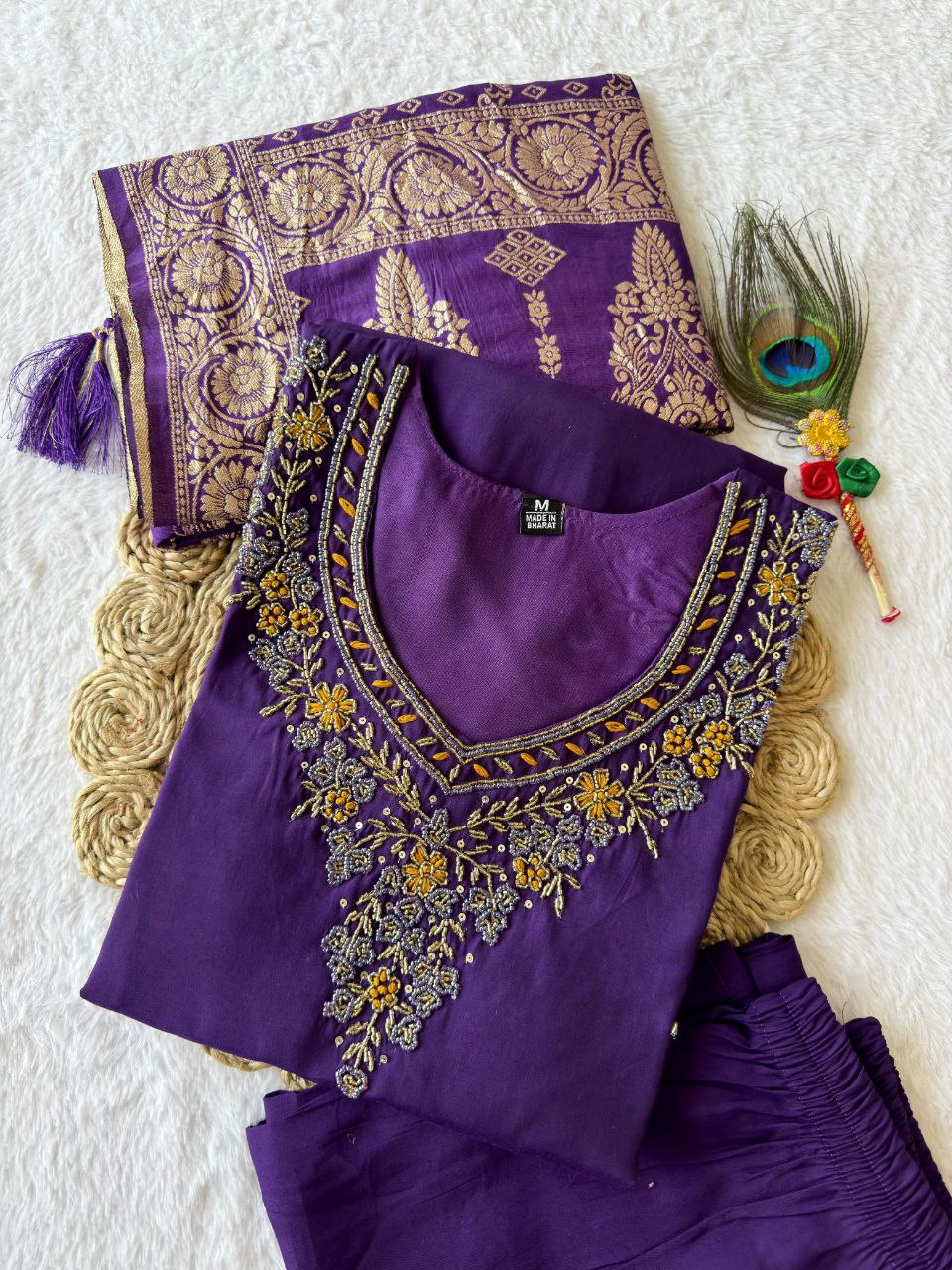 Lorenvalley Fashion Purple Roman Silk Hand Work Kurta Pant with Dupatta | Grocsy