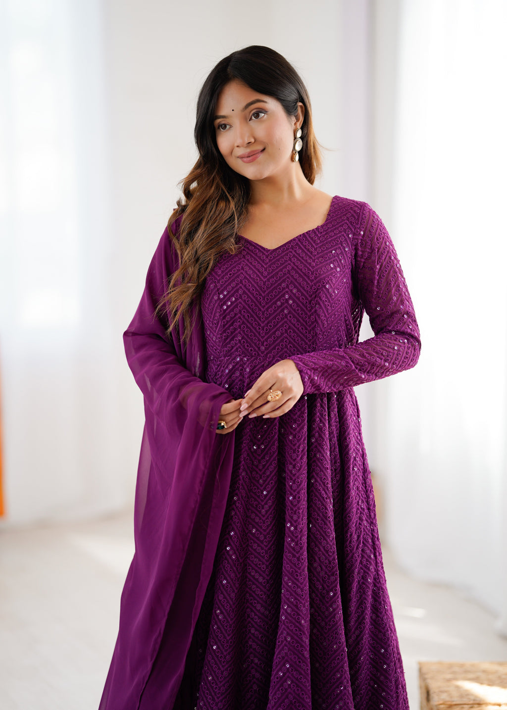 Lorenvalley Purple Faux Georgette Lukhnowi Sequence Work Anarkali Kurta Pant With Dupatta Set | Grocsy