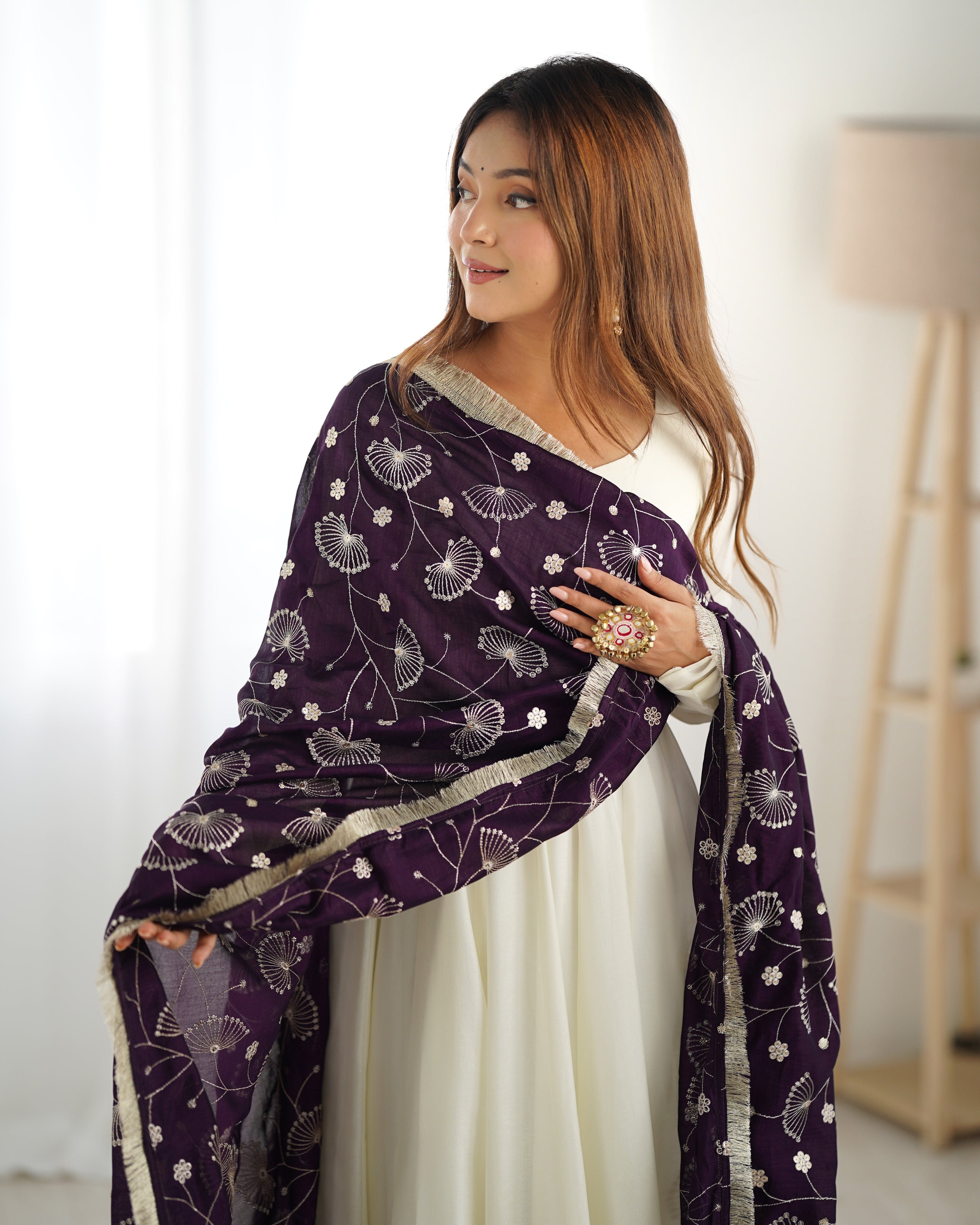 Lorenvalley White Vichitra Silk Fabric Fully Flared Anarkali Pant With Dupatta Set | Grocsy