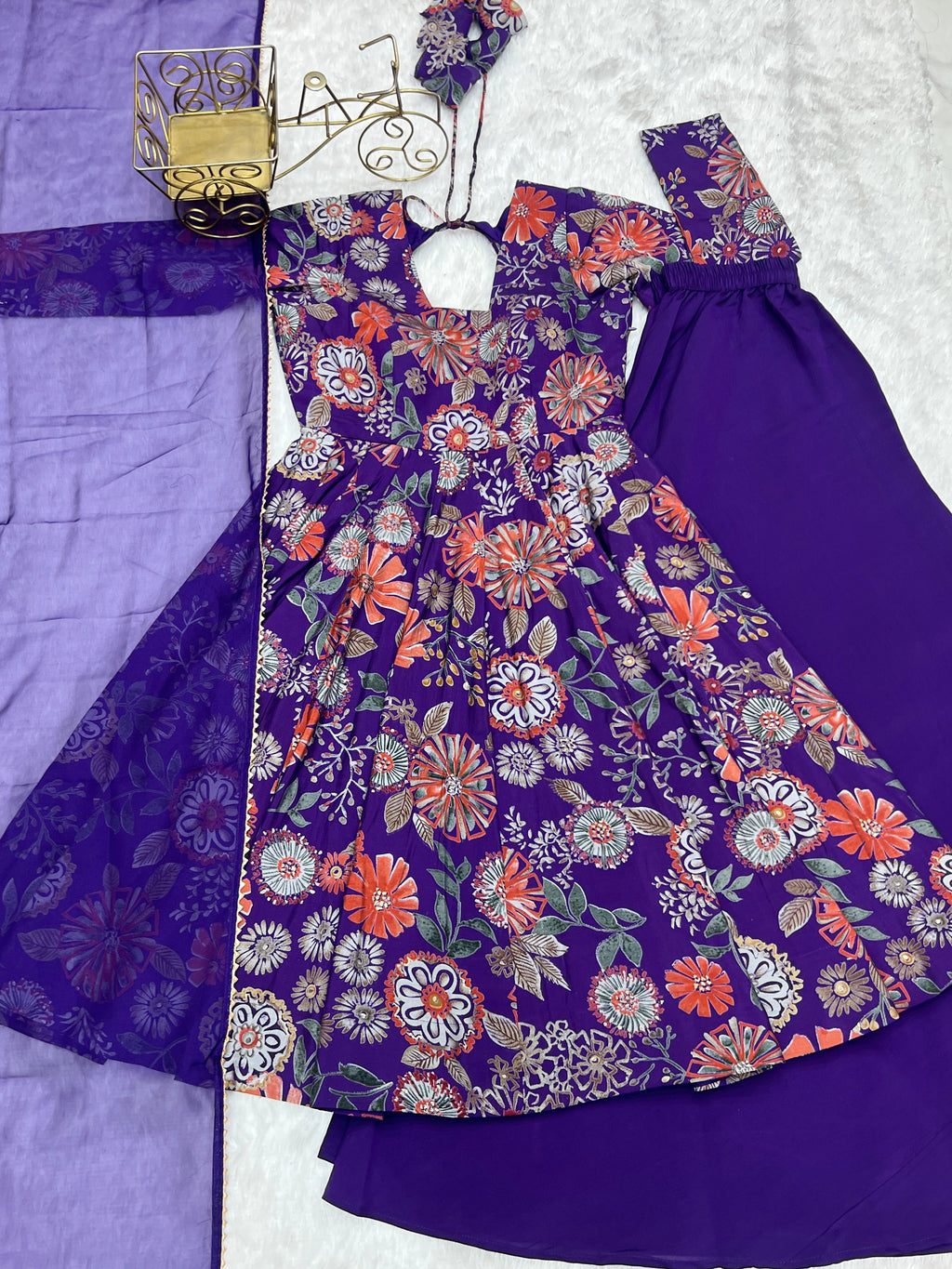 Lorenvalley Women Pure Soft Roman silk Chanderi Discharge Print Fabric Kediya Kurta Palazzo with Dupatta Set | Grocsy