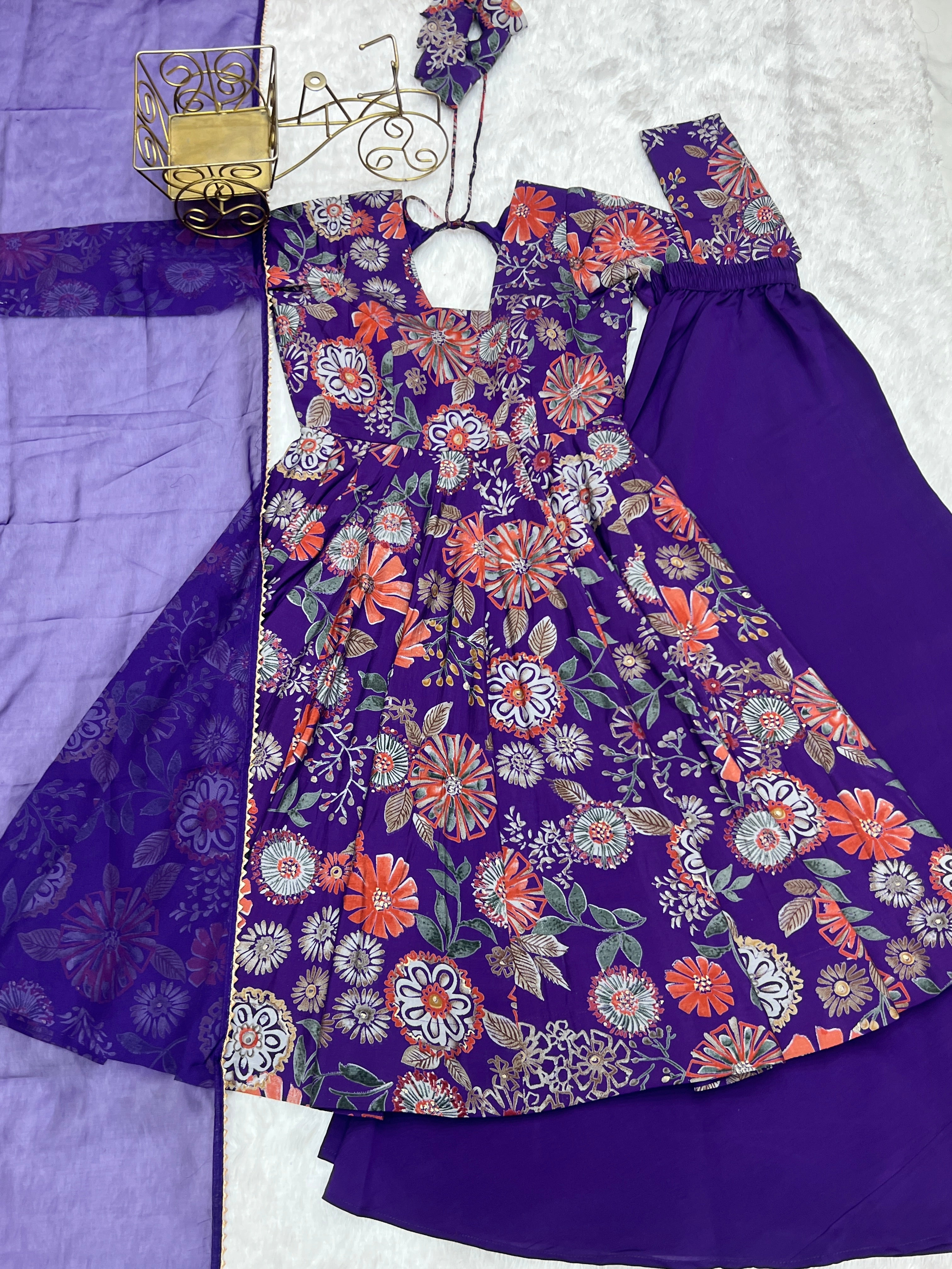 Lorenvalley Women Pure Soft Roman silk Chanderi Discharge Print Fabric Kediya Kurta Palazzo with Dupatta Set | Grocsy
