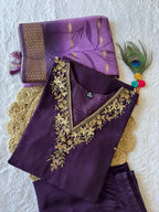 Lorenvalley Fashion Purple Roman Silk Hand Work Kurta Pant with Dupatta | Grocsy