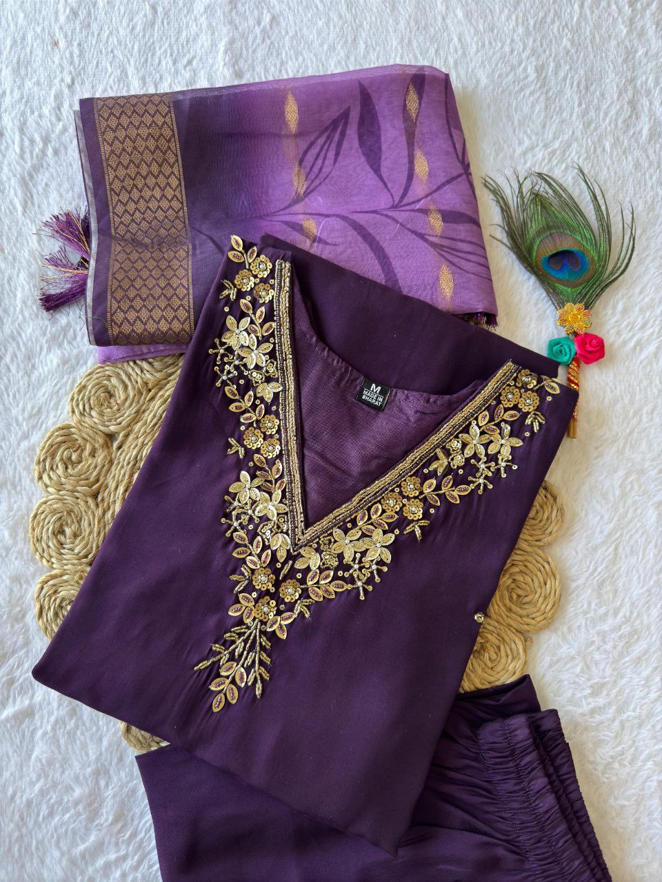 Lorenvalley Fashion Purple Roman Silk Hand Work Kurta Pant with Dupatta | Grocsy
