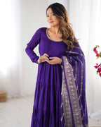 Lorenvalley Women Pure Roman silk Chanderi Fabric Layer Gathering Anarkali Kurta Pant With Dupatta Set | Grocsy
