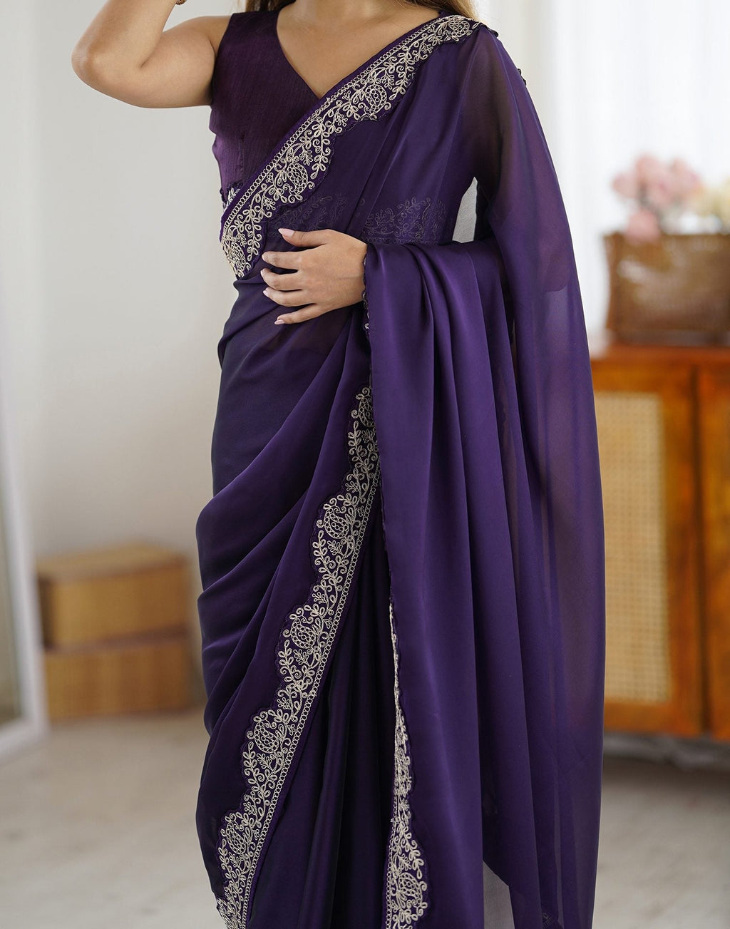 Lorenvalley Fashion Purple Rangoli Silk with Coding Lace Work Saree with Blouse | Grocsy