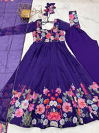 Lorenvalley Purple Soft Organza Silk With Floral Print Fully Flared Anarkali Pant With Dupatta Set | Grocsy