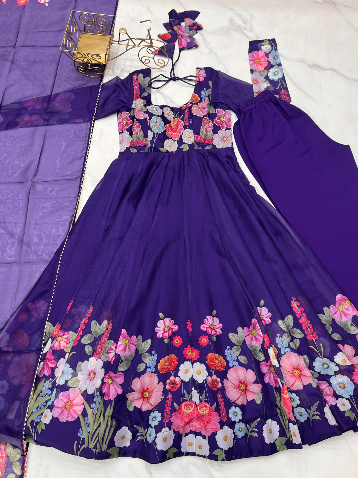 Lorenvalley Purple Soft Organza Silk With Floral Print Fully Flared Anarkali Pant With Dupatta Set | Grocsy