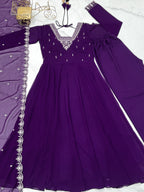 Lorenvalley Purple Faux Georgette Fancy Embroidery Beads And Jari Work Anarkali Kurta Palazzo With Dupatta Set | Grocsy
