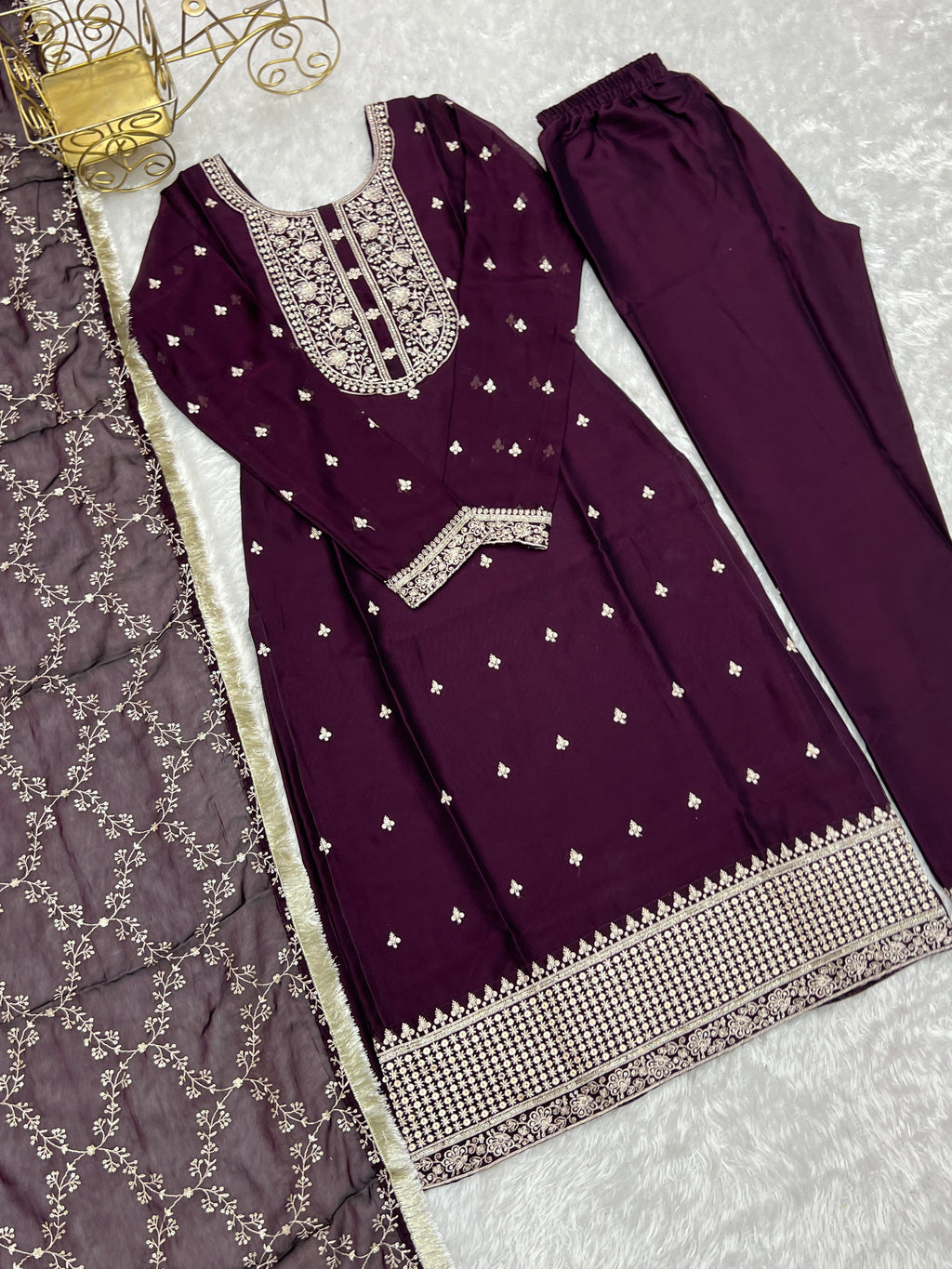 Lorenvalley Wine Rangoli Silk Embroidery Sequence And Thread Work Kurta Trousers with Dupatta Set | Grocsy