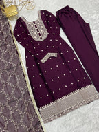Lorenvalley Wine Rangoli Silk Embroidery Sequence And Thread Work Kurta Trousers with Dupatta Set | Grocsy