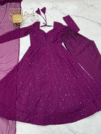 Lorenvalley Purple Faux Georgette Lukhnowi Sequence Work Anarkali Kurta Pant With Dupatta Set | Grocsy