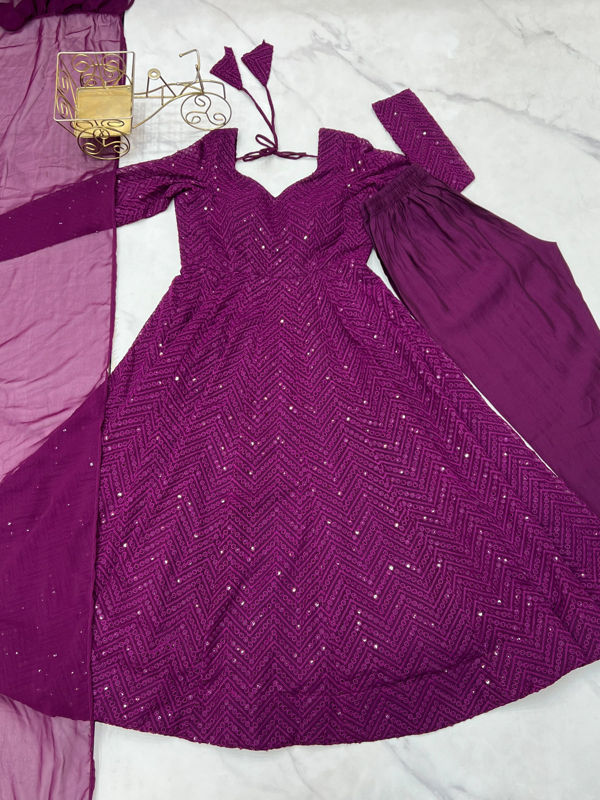 Lorenvalley Purple Faux Georgette Lukhnowi Sequence Work Anarkali Kurta Pant With Dupatta Set | Grocsy
