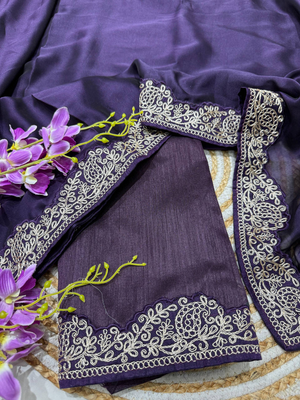 Lorenvalley Fashion Purple Rangoli Silk with Coding Lace Work Saree with Blouse | Grocsy