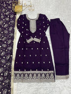 Lorenvalley Purple Rangoli Silk Embroidery Sequence and Jari Work Kurta Trousers with Dupatta Set | Grocsy