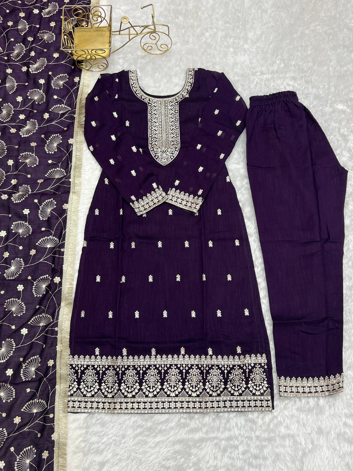 Lorenvalley Purple Rangoli Silk Embroidery Sequence and Jari Work Kurta Trousers with Dupatta Set | Grocsy