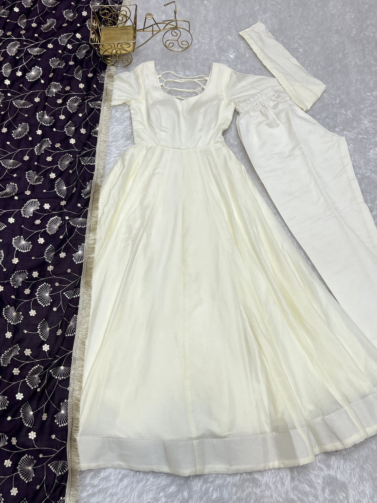 Lorenvalley White Vichitra Silk Fabric Fully Flared Anarkali Pant With Dupatta Set | Grocsy