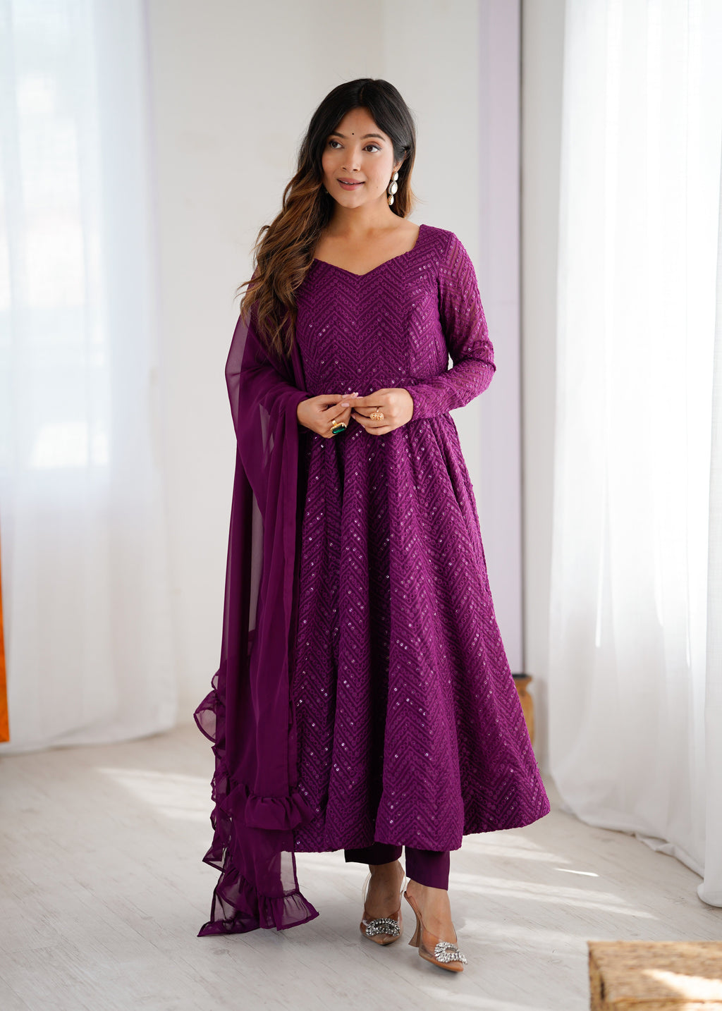 Lorenvalley Purple Faux Georgette Lukhnowi Sequence Work Anarkali Kurta Pant With Dupatta Set | Grocsy