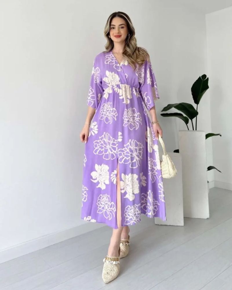 Pimu Front Slit Midi Dresses V-neck Designs For Women Party Wear - Purple | Grocsy