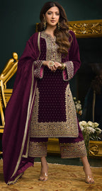 Lorenvalley Fashion Women Purple Velvet Embroidered Salwar Suit Material | Grocsy