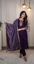 Lorenvalley Fashion Purple Roman Silk Embroidery Multi Work Kurta Pant with Dupatta | Grocsy