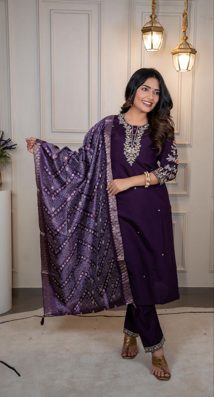 Lorenvalley Fashion Purple Roman Silk Embroidery Multi Work Kurta Pant with Dupatta | Grocsy