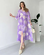 Pimu Front Slit Midi Dresses V-neck Designs For Women Party Wear - Purple | Grocsy